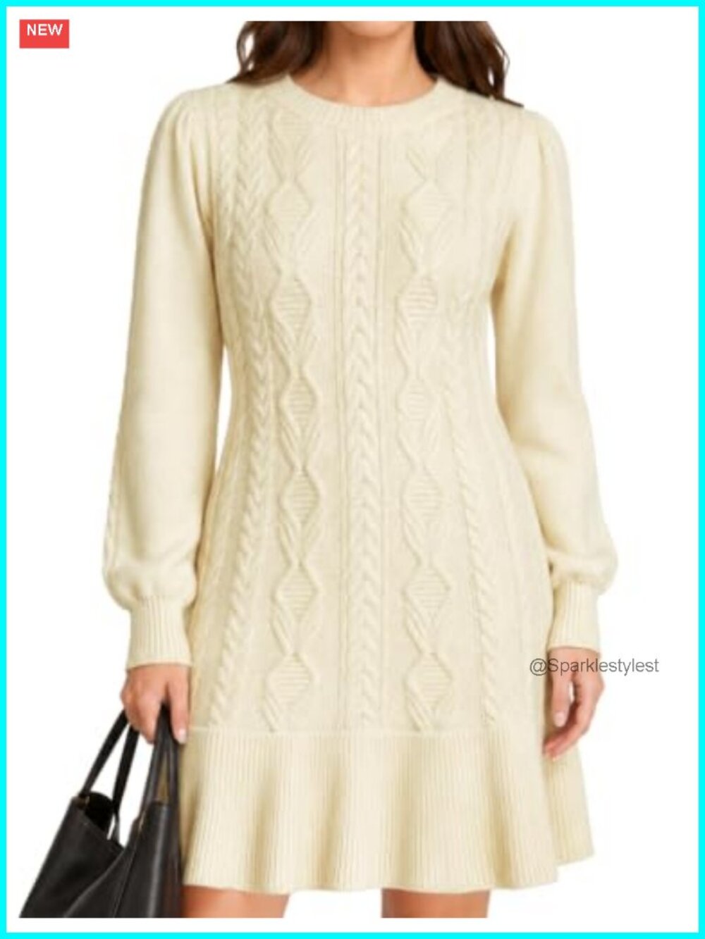 Cable Knit Sweater Dress Puff Sleeve Mini A-Line Pullover